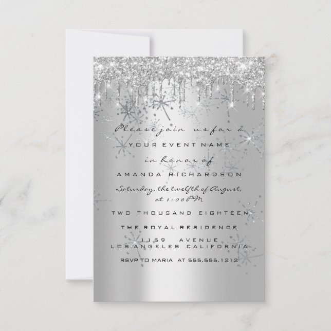 Spark Glitter Rose Silver Bridal Sweet 16 Snow Invitation (Front)