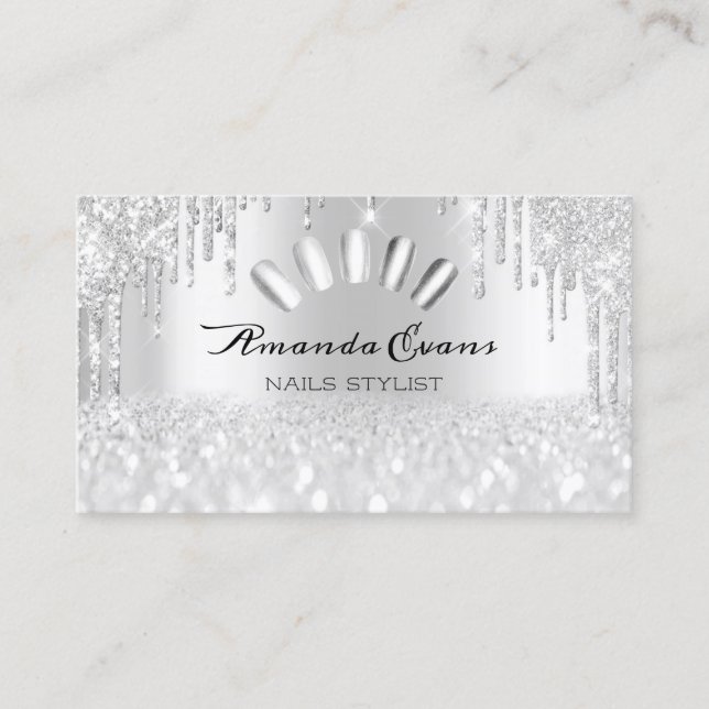 Spark Glitter Silver Gray Nails Artist Drips Appointment Card (Front)