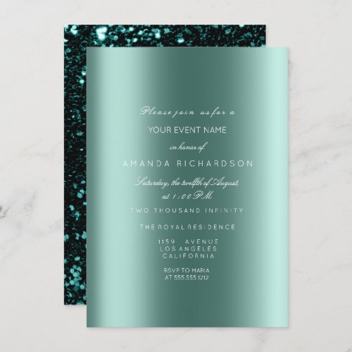 Spark Metallic Black Sequin Glitter Teal Bridal Invitation