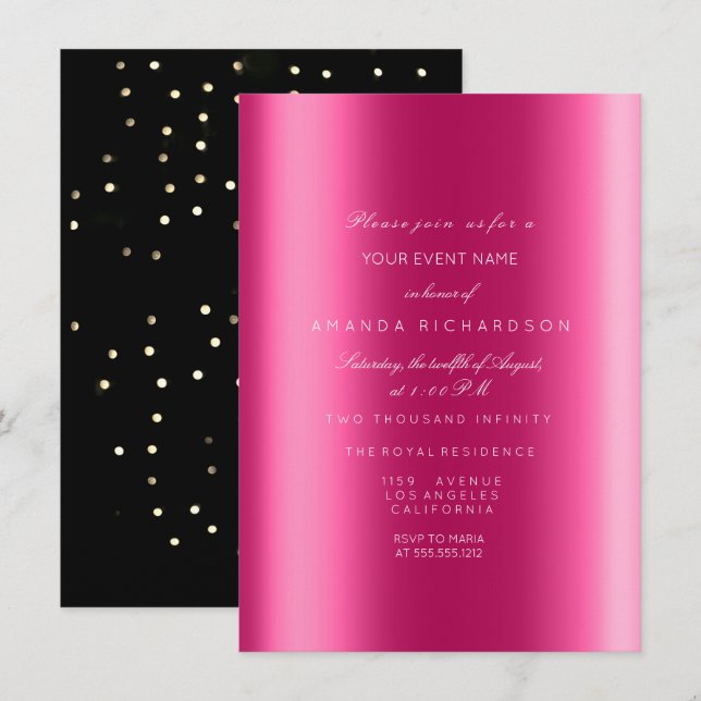 Spark Metallic Sepia Black Confetti Fuchsia Bridal Invitation (Front/Back)