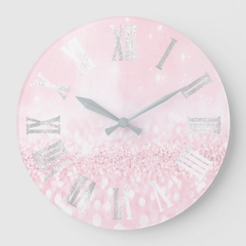 Spark Pink Gray Silver Glitter Metal Roman Numers Large Clock