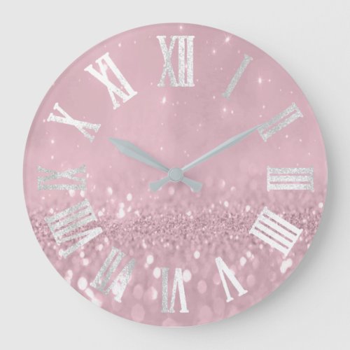 Spark Pink Rose  Silver Glitter Metal Roman Numers Large Clock