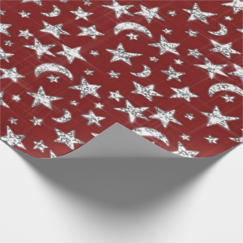 Spark Silver Gray Grey Stars Moon Burgundy Maroon Wrapping Paper