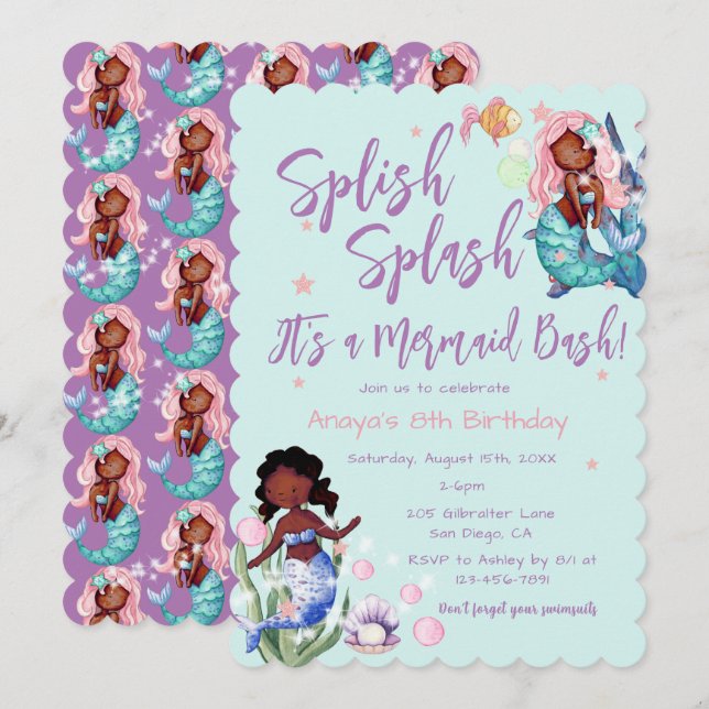 Sparkle African American Mermaid Bash Birthday  Invitation (Front/Back)