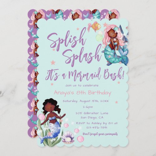 Sparkle African American Mermaid Bash Birthday  Invitation