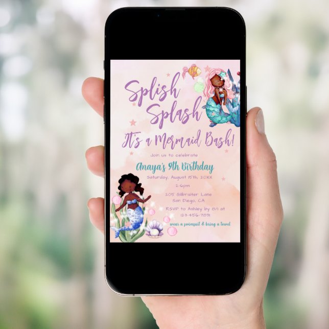 Sparkle African American Mermaid Bash Birthday  Invitation (Front Digital)