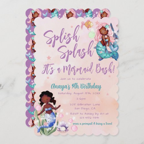 Sparkle African American Mermaid Bash Birthday  Invitation