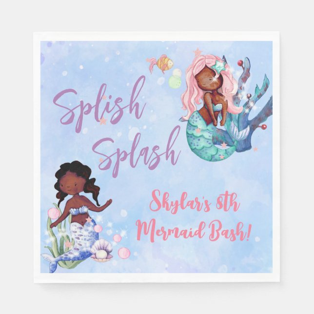 Sparkle African American Mermaid Bash Birthday   Napkins (Front)