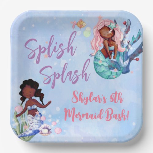 Sparkle African American Mermaid Bash Birthday  Paper Plates