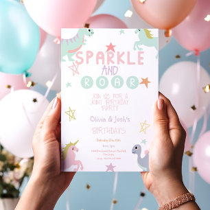 Sparkle and Roar Unicorn and Dinosaur Invitation