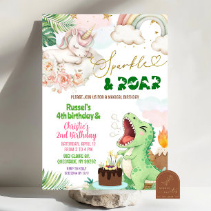 Sparkle And Roar Unicorn Dinosaur Joint Birthday Invitation