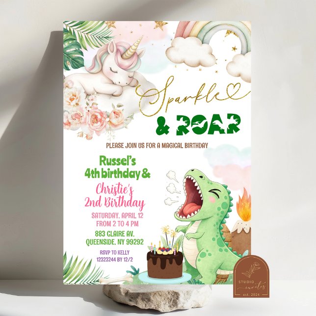 Sparkle And Roar Unicorn Dinosaur Joint Birthday Invitation (Creator Uploaded)