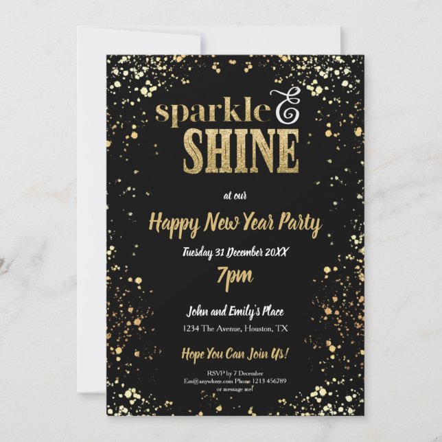 Sparkle And Shine Gold Black New Year Party Invitation (Front)