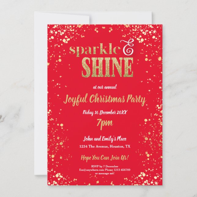 Sparkle And Shine Gold Christmas Party Red Invitation (Front)