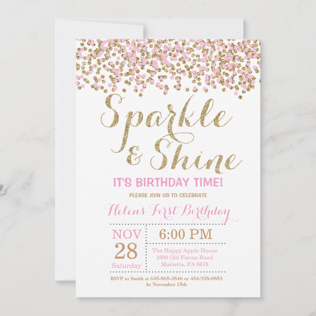 Sparkle and Shine Pink Gold Birthday Invitation | Zazzle