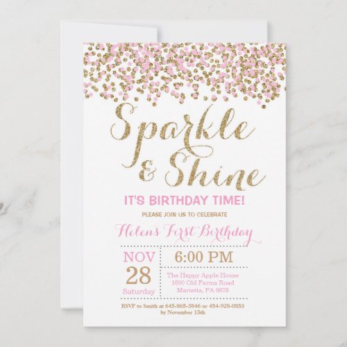 Sparkle and Shine Pink Gold Birthday Invitation