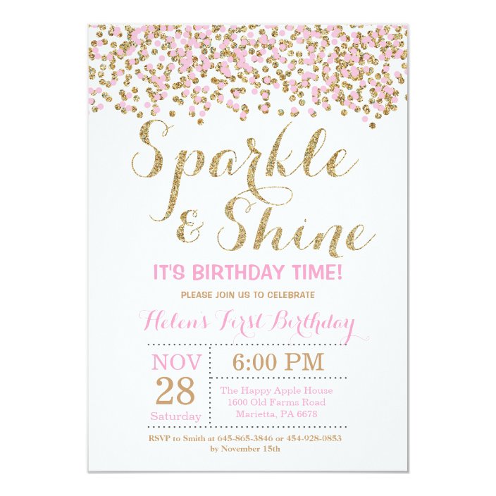 Sparkle And Shine Pink Gold Birthday Invitation Zazzle Com