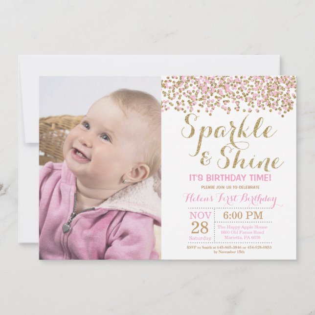 Sparkle and Shine Pink Gold Birthday Invitation (Front)