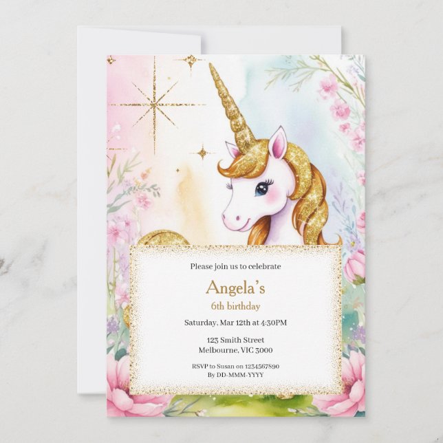 Sparkle and Shine Unicorn Birthday Girls Invitation (Front)