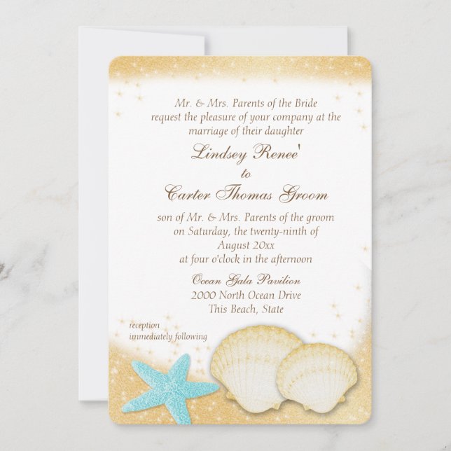 Sparkle Beach Sea Shell Aqua and Gold Wedding Invitation (Front)