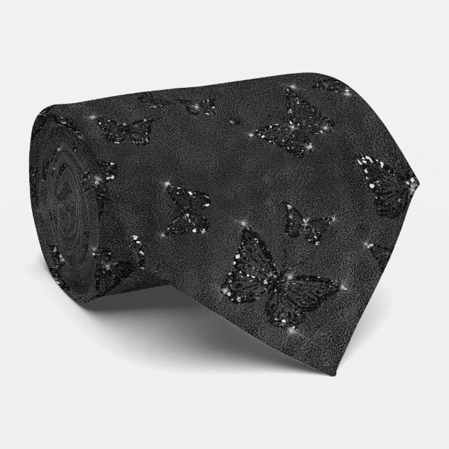 Sparkle Black Glam Butterflies  Neck Tie (Rolled)