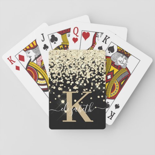 Sparkle Black Gold Glitter Diamond Monogram   Poker Cards