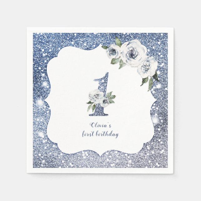 Sparkle blue glitter and floral 1st birthday napkins (Front)