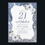 Sparkle blue glitter and floral 21st birthday invitation<br><div class="desc">Faux sparkle silver blue glitter "21 and fabulous" script with dusty blue and white floral,  elegant and stylish,  great 21st birthday party invitations.</div>