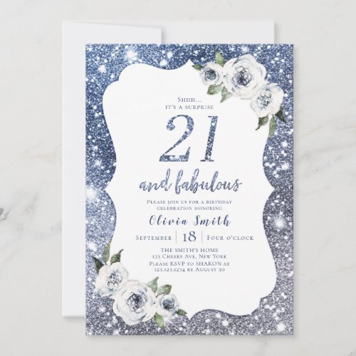 Sparkle blue glitter and floral 21st birthday invitation