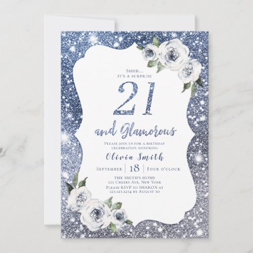 Sparkle blue glitter and floral 21st birthday invitation