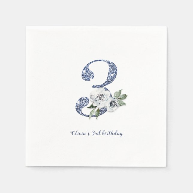 Sparkle blue glitter and floral 3rd birthday napkins (Front)