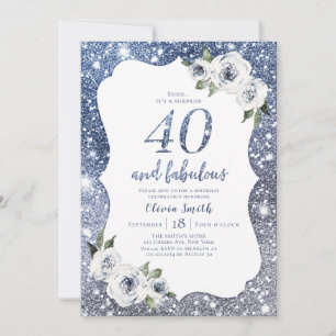 Sparkle blue glitter and floral 40th birthday invitation