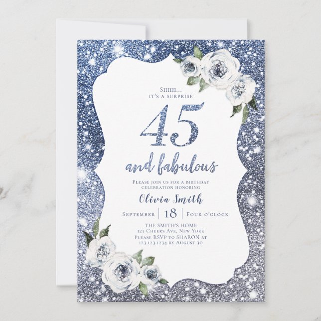 Sparkle blue glitter and floral 45th birthday invitation (Front)
