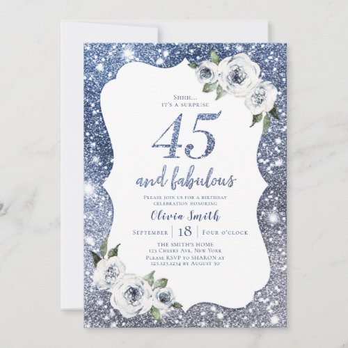 Sparkle blue glitter and floral 45th birthday invitation