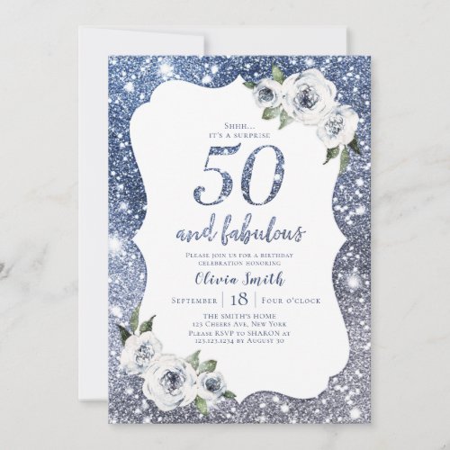 Sparkle blue glitter and floral 50th birthday invitation