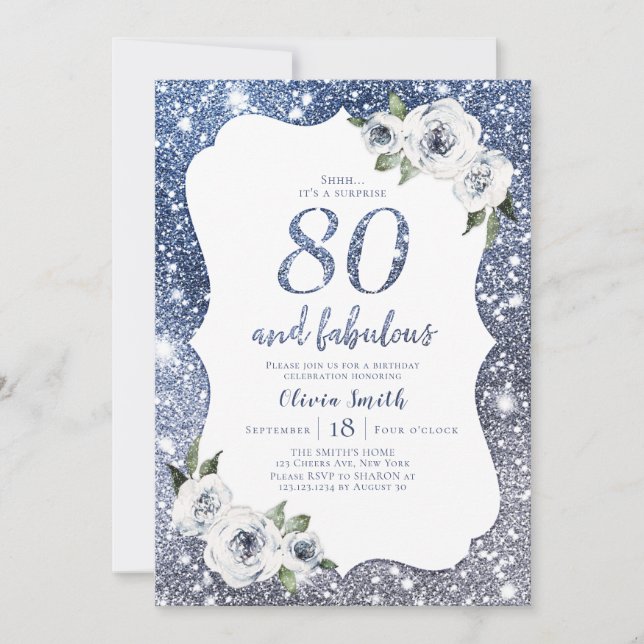 Sparkle blue glitter and floral 80th birthday invitation (Front)