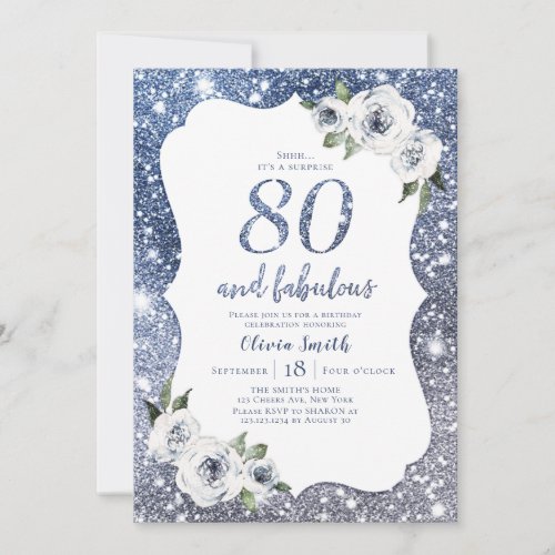 Sparkle blue glitter and floral 80th birthday invitation