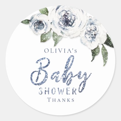 Sparkle blue glitter and floral baby shower classic round sticker