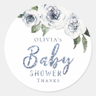 Sparkle blue glitter and floral baby shower classic round sticker
