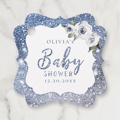 Sparkle blue glitter and floral baby shower favor tags