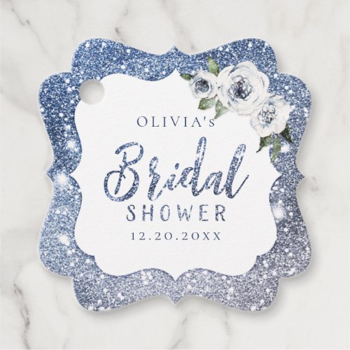 Sparkle blue glitter and floral bridal shower favor tags