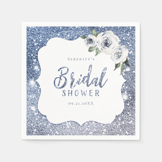Sparkle blue glitter and floral bridal shower napkins (Front)