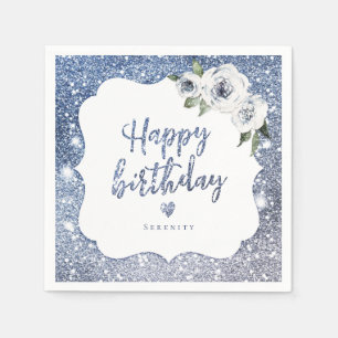 Sparkle blue glitter and floral happy birthday napkins