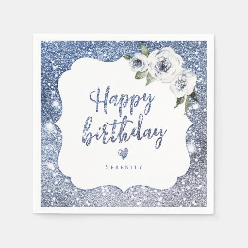 Sparkle blue glitter and floral happy birthday napkins