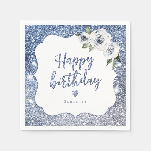Sparkle blue glitter and floral happy birthday napkins (Front)