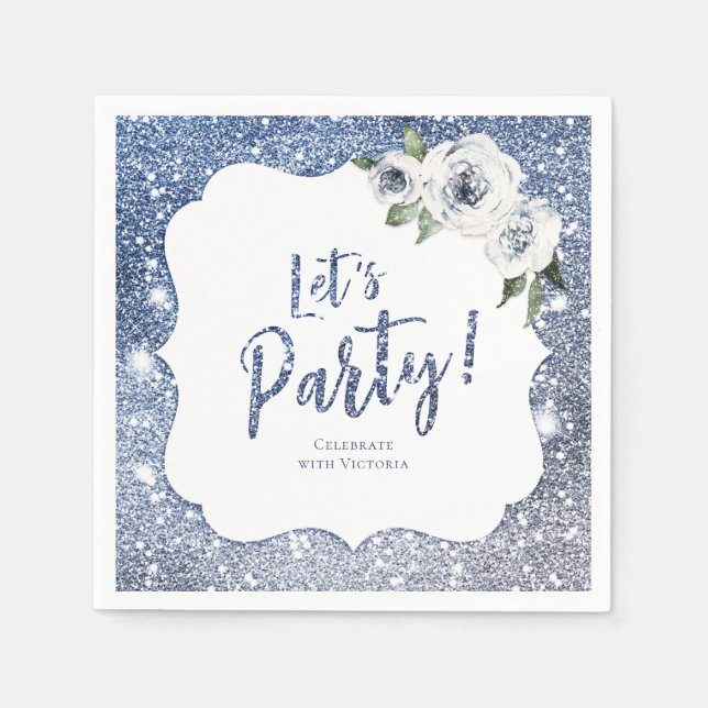 Sparkle blue glitter and floral let's party napkins (Front)