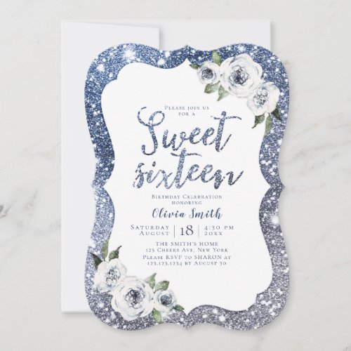 Sparkle blue glitter and floral sweet 16 birthday invitation
