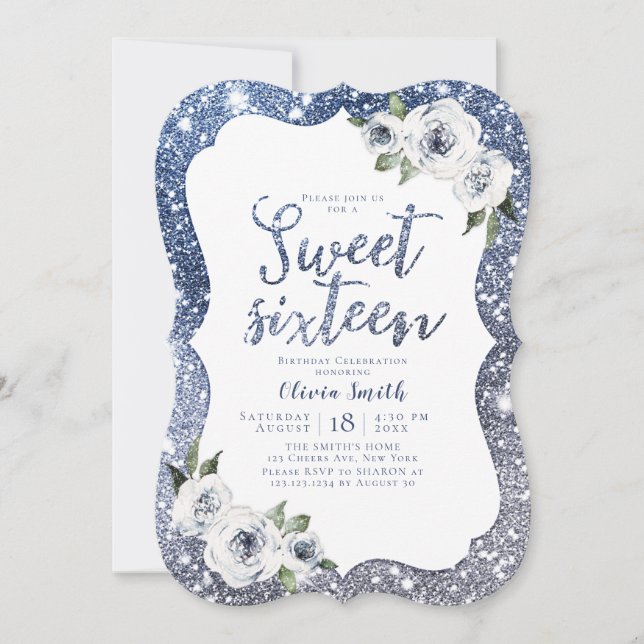 Sparkle blue glitter and floral sweet 16 birthday invitation (Front)