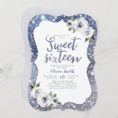 Sparkle blue glitter and floral sweet 16 birthday invitation (Front/Back)