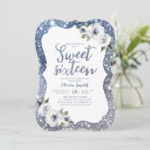 Sparkle blue glitter and floral sweet 16 birthday invitation (Standing Front)